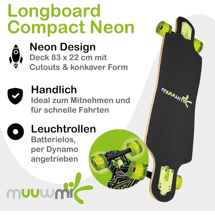 Лонгборд Muuwmi Compact ABEC-7 Neon 26" – компактний круїзер з LED-підсвічуванням, пластикова дека, для дітей та новачків