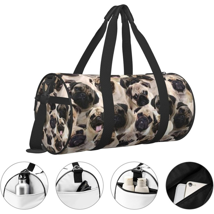 Дорожня сумка Париж, кругла, великої місткості, легка та міцна, ідеальний подарунок для походів, відпустки, ділових поїздок та іншого, з милим зображенням мопса, універсальний розмір