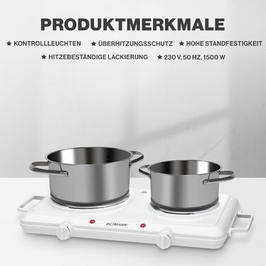 Подвійна конфорка Bomann Потужна конфорка з безступінчатими термостатами 2 конфорки Cool-TouchGrips Подвійна варильна поверхня на 1500 Вт/1000 Вт DKP 5028 CB Одинарна подвійна конфорка