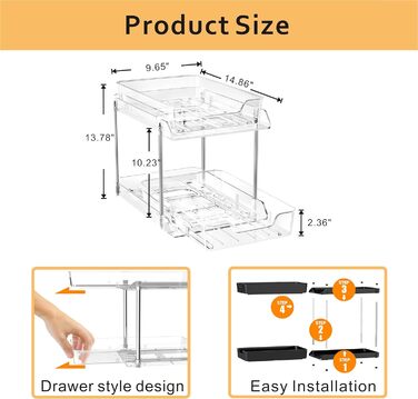 Органайзер під раковину, 2 шт. и, прозорий, велика місткість, велике навантаження, висувна полиця під раковину, з 2 полицями, вису