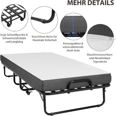 Розкладне ліжко DICTAC 90x200 см для дорослих з матрацом з піни з ефектом пам&39яті приблизно 13 см Гостьове ліжко Розкладне металеве каркасне розкладне ліжко з колесами Дорожнє ліжко Розкладне металеве ліжко Стабільне навантаження до 200 кг Розкладне ліж