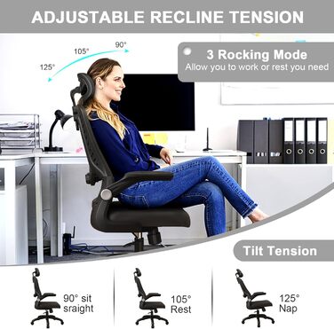 Ергономічне офісне крісло LEVIPE, стілець для роботи з поперековою опорою, підлокітники, регульований підголівник, комп&39ютерне крісло, поворотне, висока спинка, зручне, для домашнього офісу, чорне