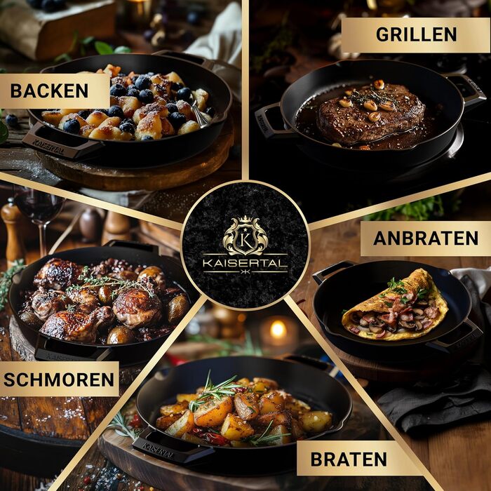 Емальована чавунна сковорода - Антипригарний ефект - 2,7 л, чорна - Ідеально підходить для всіх типів плит - Сковорода-гриль Індук