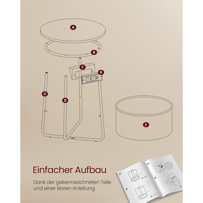 Круглий бічний столик VASAGLE, маленький столик, журнальний столик з розеткою, столик для вітальні, кошик з тканини, місце для зберігання у вітальні та спальні, сучасна тумбочка, матовий білий-верблюжий коричневий LET228W02 Матовий білий верблюжий коричне