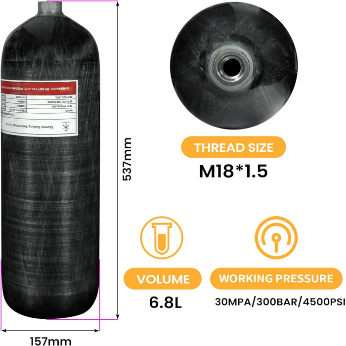 Повітряний бак з вуглецевого волокна TUXING 6.8 л 4500psi, порожня пляшка із заправною станцією для пейнтболу з манометром регулятора клапана