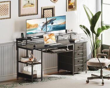 Комп&39ютерний стіл ODK з 4 шухлядами, 140x52x92 см, 2 розетки та 2 порти зарядки USB, ПК-стіл з полицею, ігровий стіл з підставкою для клавіатури для офісу, вітальня, чорний 140x52 см, чорний