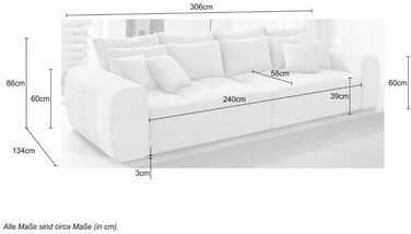 Великий диван XXL Ш306/Г134/В86 см, зручний диван-ліжко з високоякісною пружинною оббивкою, багато подушок, площа лежання 120 см x 240 см, приємний чохол з мікрофібри сірого кольору / 15114