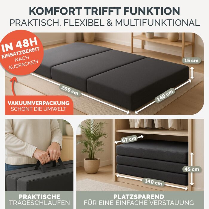 Розкладний матрац Blumtal 140x200 см - 3-секційний розкладний матрац для гостей, надзвичайно товстий (15 см) - розкладний матрац з пінопласту, що дбає про спину - Розкладний матрац чохол антрацитового кольору, приємний для шкіри та пральний, 140 x 200 x 1