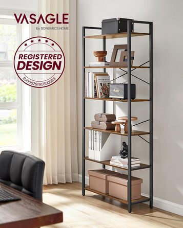 Полиця, книжкова шафа, полиця для стоячого монтажу, полиця для DVD, з 6 полицями, офісна полиця, відкриті полиці, для офісу, вітальні, спальні, кухні, 30 x 78 x 185,5 см, вінтажний коричневий-чорний LLS082B01 30 x 80 x 186 см Вінтажний коричневий чорний
