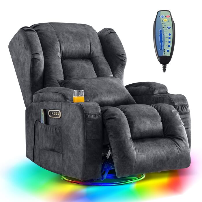 Моторне електричне регульоване крісло-реклайнер з функцією нахилу, поворотне крісло для телевізора з масажем та підігрівом, крісло для кінотеатру з USB/LED/Type C, до 150 кг (оксамитово-сірий, 1) Оксамитово-сірий 1, 2-