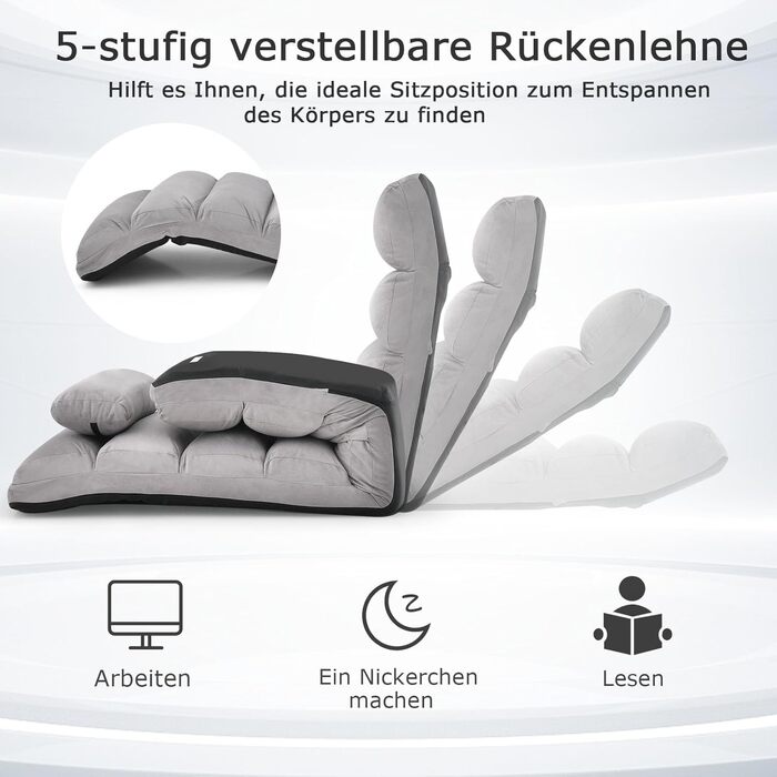 Складаний реклайнер, підлогове крісло з регульованою спинкою, шезлонг з функцією сну, підлоговий диван, підлогове крісло для ігор, сну, читання, сірий