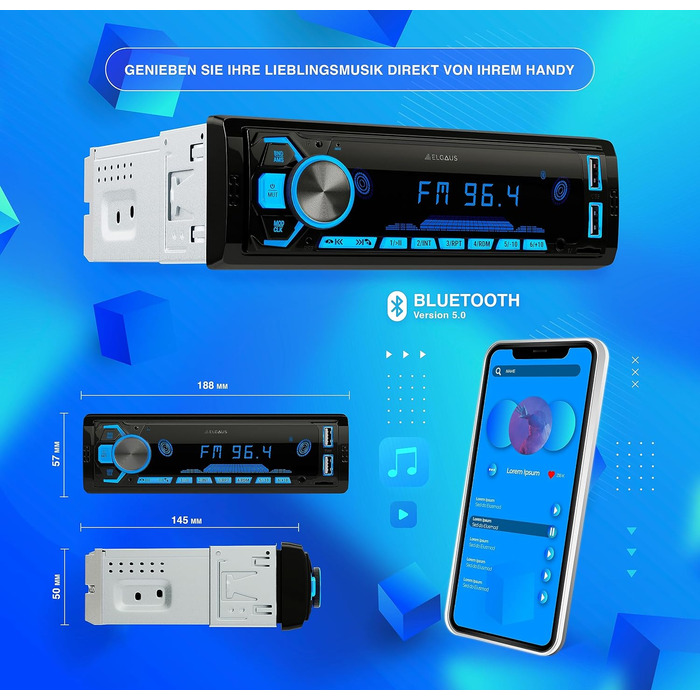 Універсальна автомагнітола 1 DIN з 2 USB-роз'ємами, MP3, RDS, ID3, RGB, AUX, SD слот для карти, функція гучного зв'язку, пульт дистанційного керування, 860G