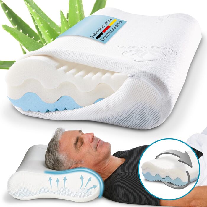 Подушка для шиї ELONEO, регульована жорсткість, регулювання висоти в 4 напрямках, тканина-спейсер 3D, подушка з піни з ефектом пам&39яті, включаючи клімат-чохол з алое вера, 60 x 35 см, в&39язкопружна піна