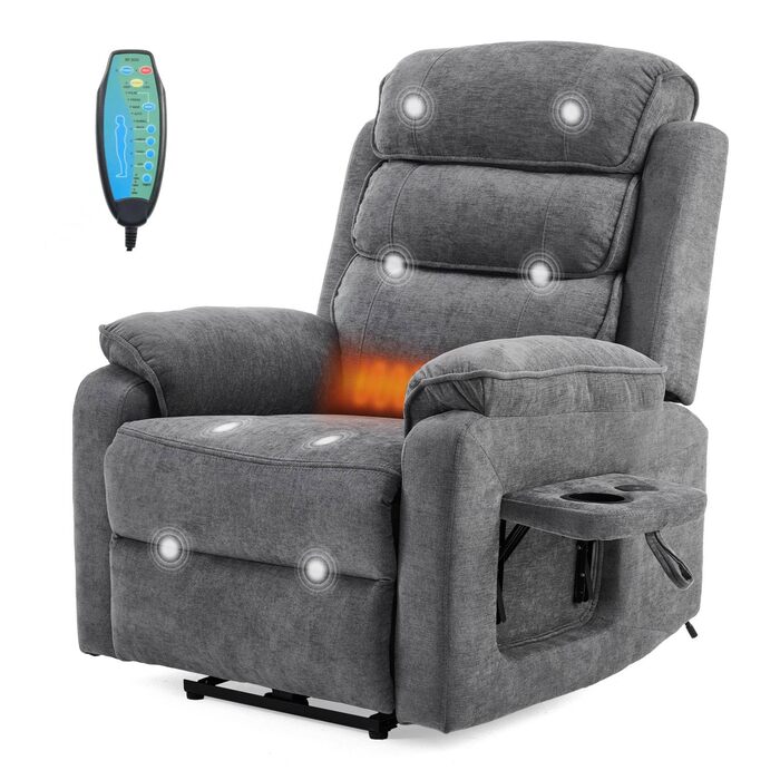 Крісло-реклайнер для телевізора LEADZM з бездротовою зарядкою, 1 порт USB, 1 порт зарядки USB-C, розкладне крісло для телевізора з масажем та підігрівом, бічні кишені, підсклянник (темно-сірий)