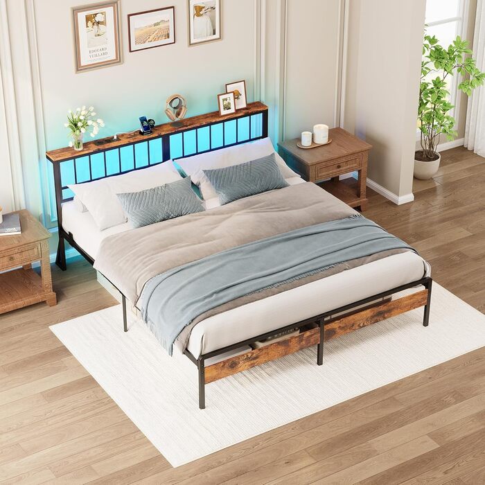 Каркас ліжка IRONCK 180x200, Ліжко зі світлодіодним підсвічуванням та розетками, Місце для зберігання речей під ліжком, 2 розетки змінного струму, 1 порт USB та 1 порт Type-C, Двоспальне ліжко з металевою рейковою основою, 180x200 см