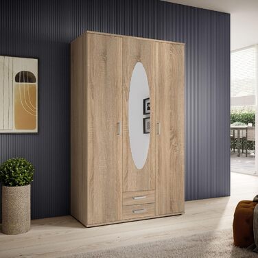 Елегантна 3-дверна шафа з великим простором для зберігання - Універсальна шафа з орними дверима, оздобленням дуба Сонома та дзеркальними дверима - 120 x 195 x 55 см (Ш/В/Г) з оздобленням дуба Сонома, одинарна