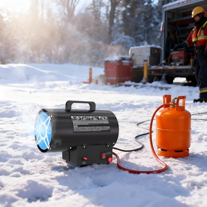 Газовий обігрівач на пропані потужністю 10 кВт для використання всередині приміщень, газовий вентилятор-обігрівач з редукційним клапаном 700 мбар, продуктивністю 320 м/год, газовий радіаційний обігрівач для будівельних майданчиків, вентильованих складськи