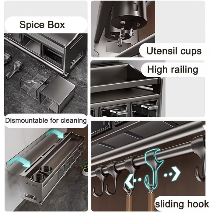 Настінна полиця для спецій, кухонна полиця для спецій з тримачем для кухонних рулонів, 4 банки та 6 гачків, полиця для спецій без свердління, кріплення на дверцята шафи, металевий тримач для спецій, настінна кухонна полиця, органайзер для спецій