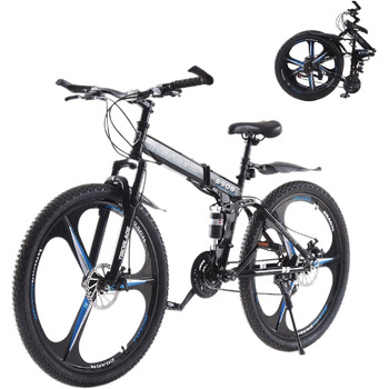 Дюймовий складний гірський велосипед, 21-швидкісна коробка передач Shimano, гірський велосипед з подвійною підвіскою, легка рама, гірський велосипед для чоловіків та жінок, складний спортивний велосипед для дорослих, чорно-синій, 27,5-