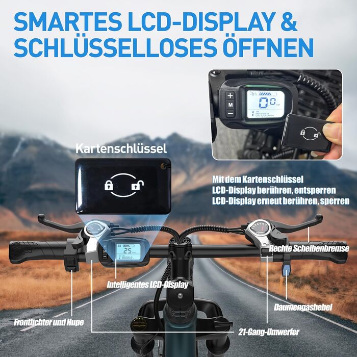 Дюймовий електровелосипед з 21-швидкісною коробкою передач, двигуном 250 Вт, акумулятором 13 Аг, максимальною швидкістю 25 км/год, рамою з високовуглецевої сталі, РК-дисплеєм, міський електровелосипед, 26-