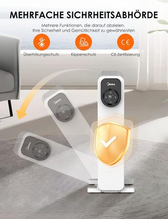 Масляний радіатор Midea NY2009-24UR, портативний електричний обігрівач з 9 ребрами, пультом дистанційного керування та сенсорним світлодіодним екраном, електричний радіатор з термостатом, 4 режими, захист від перегріву та перекидання, тиха робота, 2000 Вт