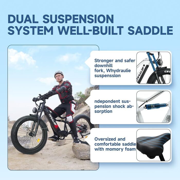 Електричний велосипед Lohang для дорослих, гірський велосипед 26 дюймів, акумулятор 52 В 19 Аг/21 Аг, запас ходу до 40/80/90 км, подвійні амортизатори, 7 передач, електричний велосипед для пляжу та снігу ES7-19 Аг-білий