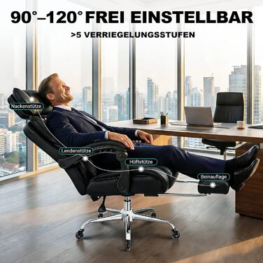 Офісне крісло BASETBL 200 кг, крісло керівника з 4-рівневою газовою пружиною, 3D-підлокітники, регульована поперекова опора та підголівник, тихі гумові ролики, широке сидіння XXL, EN12520, ергономічне офісне крісло чорного кольору з гумовими роликами