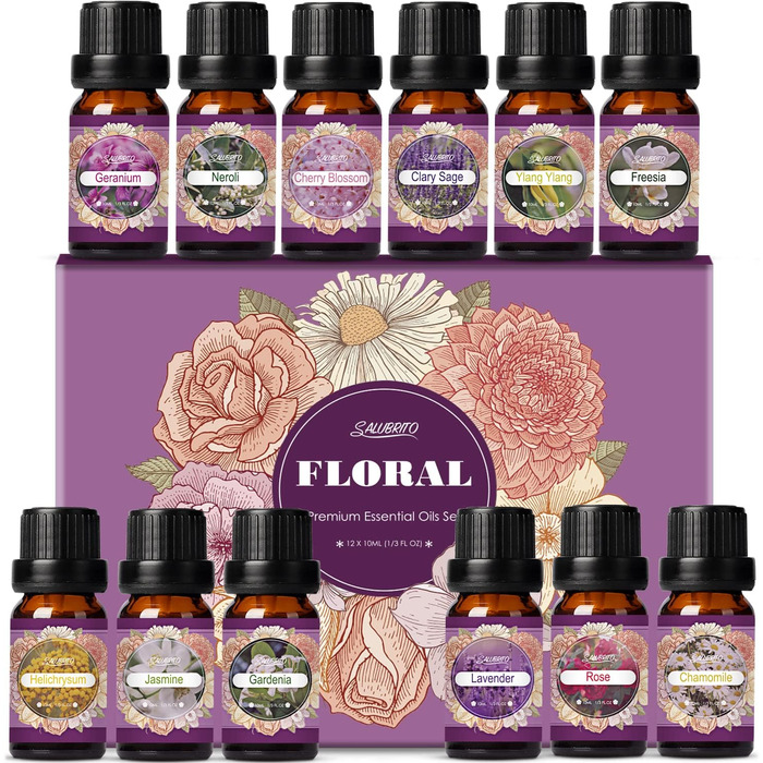 Набір квіткових ефірних олій SALUBRITO, квіткова ароматична олія для дифузора та виготовлення свічок - жасмин, гарденія, троянда, лаванда, герань, вишневий цвіт, фрезія тощо