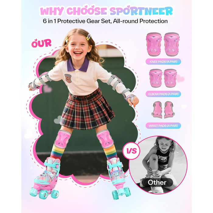 Роликові ковзани Sportneer для дівчаток, EU 23-36, райдужні роликові ковзани для дітей, 4 регульовані розміри із захисним спорядженням, роликові ковзани для початківців, подарунки на Різдво та день народження, рожеві XS (EU 23-26)