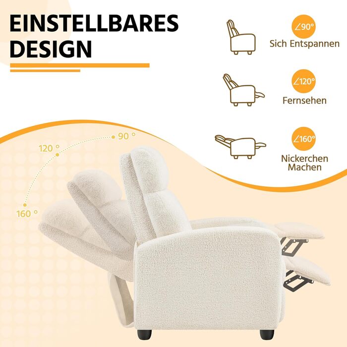Крісло для відпочинку Yaheetech, крісло для телевізора, одномісний диван, реклайнер з регульованою підставкою для ніг, крісло для відпочинку з тканини букле, кольору слонової кістки.