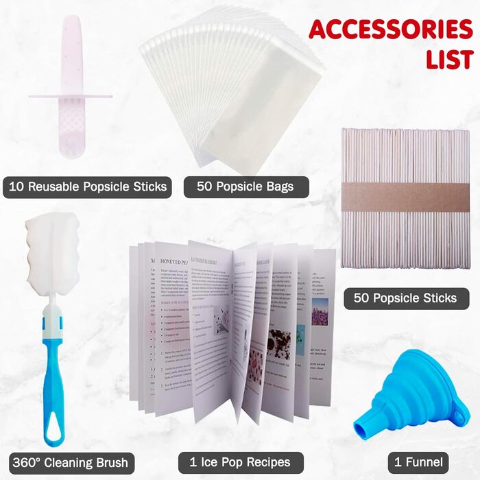 Силіконові форми для фруктового морозива, без бісфенолу А, з 50 паличками для ескімо, 50 пакетиками для ескімо, 10 багаторазовими