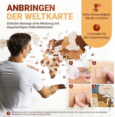 Преміальна 3D дерев&39яна карта світу настінна прикраса німецькою мовою зі шпильками Кріплення на стіну без інструментів Ідея подарунка на будь-яку подію Дерев&39яна настінна прикраса для дому та офісу (колір дерева, 160x85 см) 160Д x 85Ш см, колір дерева