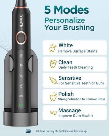 Електрична звукова зубна щітка для дорослих з 8 насадками, дорожнім кейсом, 5 режимами, водонепроникністю IPX7 та 90 днями роботи від акумулятора, чорного кольору, (в упаковці)