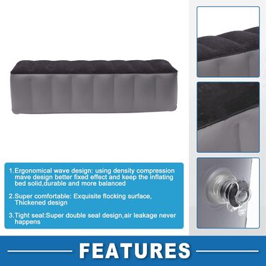 Надувний матрац для заднього сидіння автомобіля, подорожнє ліжко, чорно-сіре