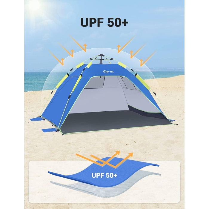Пляжний намет Glymnis Quick Up, автоматичний пляжний намет із дверима на блискавці, захист від ультрафіолету 50, вітрозахисний, невеликий розмір у упаковці, пляжний намет для 3-4 осіб, синій