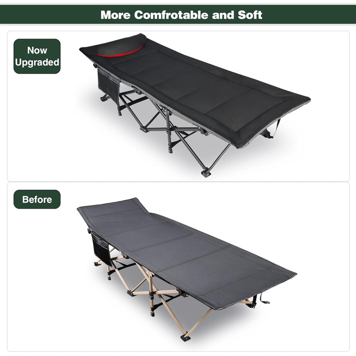 Складане туристичне ліжко з наматрацником для дорослих, XXL 190 x 71 x 38 см, Складане туристичне ліжко з матрацом для кемпінгу, саду, використання в приміщенні та на вулиці, чорне