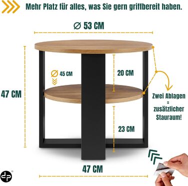 Круглий дубовий журнальний столик Ø53 см - Невеликий журнальний столик з полицею - 2 яруси, круглий сучасний журнальний столик в промисловому дизайні - Зроблено в ЄС Чорний та дубовий Діаметр 53 см