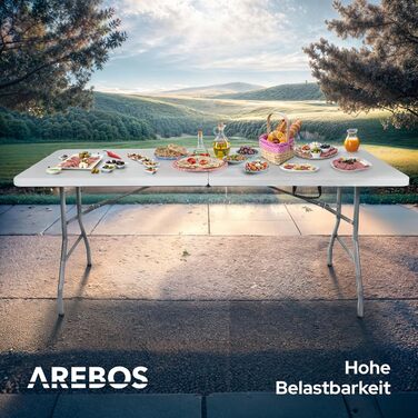 Складаний фуршетний стіл Arebos 182 x 74 x 74 см, водонепроникний садовий стіл, вечірній стіл, розкладний стіл для саду, патіо та балкону 8 осіб Кемпінговий стіл з ручкою для перенесення Білий