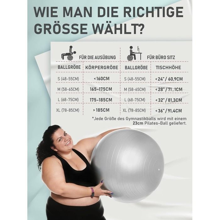 М'яч для вправ PhysKcal у наборі м'ячів для пілатесу від 55 см до 85 см і 23 см з повітряним насосом М'яч для вправ із захистом від розриву, протиковзкий м'яч для сидіння, м'яч для балансу, м'яч для йоги для дому, тренажерного залу та офісу (S (48-55 см),