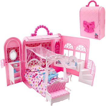 Ляльковий будиночок, Рожева сумка для перенесення Ляльковий будиночок, Складана сімейна іграшка зі спальнею та ванною кімнатою, Портативний ляльковий будиночок заввишки приблизно 46 см з ручкою для перенесення (лялька не входить до комплекту)