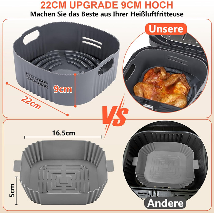Силіконова форма для фритюрниці YINGRACE 22 см, аксесуари для фритюрниці 2 шт. Силіконова форма для випічки XXL 7.2 л, 8.3 л, COSORI 5.5 л, багаторазова замість паперу для випічки аксесуари для фритюрниці сірий