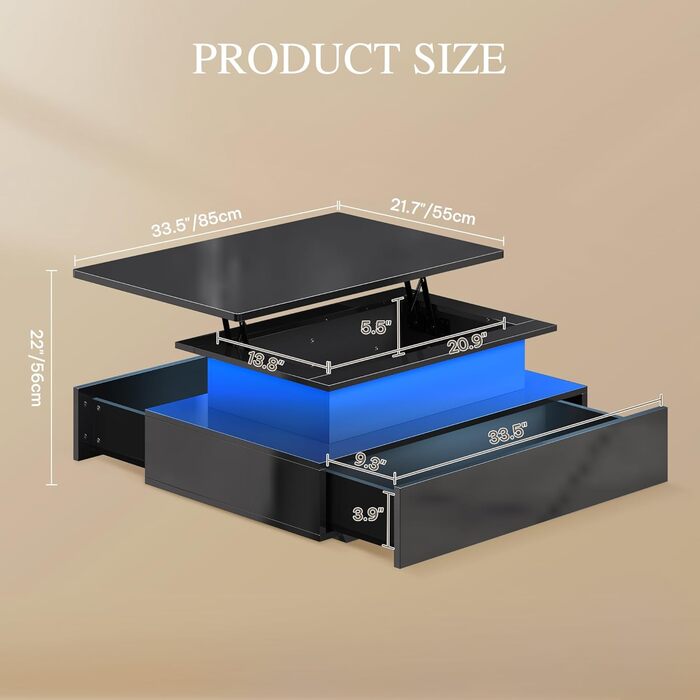 Журнальний столик з регульованою висотою, глянцевий стіл для вітальні з підйомною стільницею, сучасний диванний столик з 16-кольоровим світлодіодним підсвічуванням та 2 шухлядами