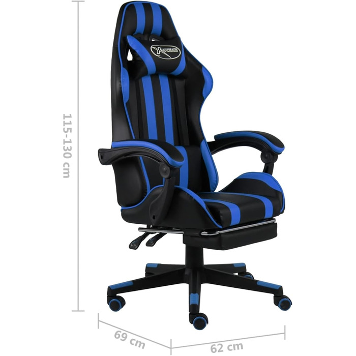 Розкішне ігрове крісло з підголівником, підставкою для ніг, поперековою опорою та підлокітниками - синьо-чорне, модель 20526