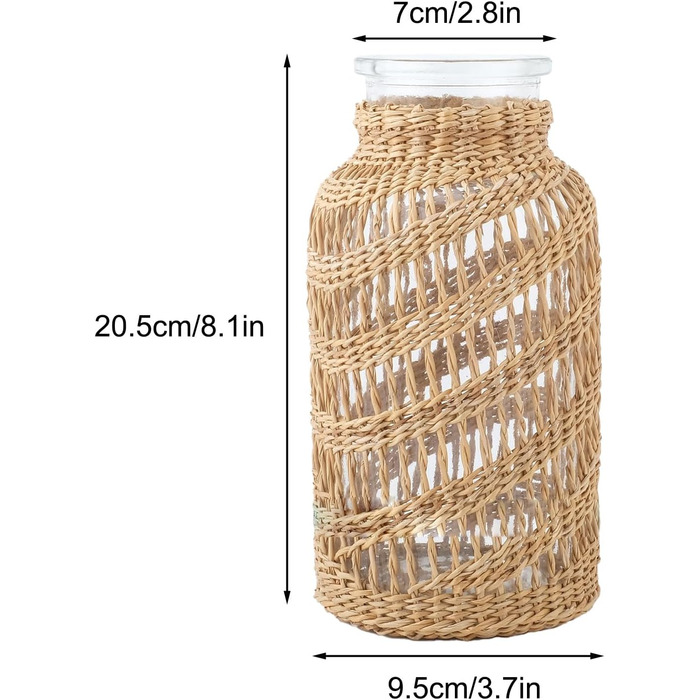 Скляна ваза для квітів BestAlice з ротанговою кришкою, скляна ваза в стилі бохо, ваза з ротанга, ваза для квіткових бутонів, кругла декоративна ваза для квітів, контейнер для квіткових композицій, прикраса для домашньої вечірки (8,1 дюйма)