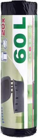 Мішки для сміття об&39ємом 60 л, 200 шт. , зі шнурком, надзвичайно міцні, з ручкою, стійкі до розривів та протікання, чорні, 64 x 71 см, 10 рулонів (200 мішків)