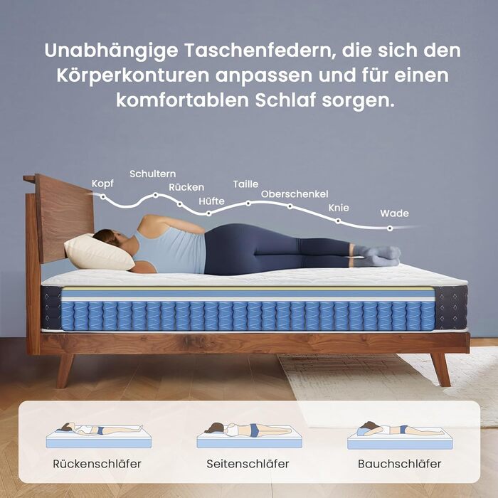 Матрац Coolvie 90x200 см Ортопедичний матрац H3 з 7-зонними пружинами Pocket Spring, висота 20 см Матраци з гелевим пінним покриттям з ефектом пам&39яті для сну на боці та на спині, сертифікований Oeko-Tex 90x200x20 см