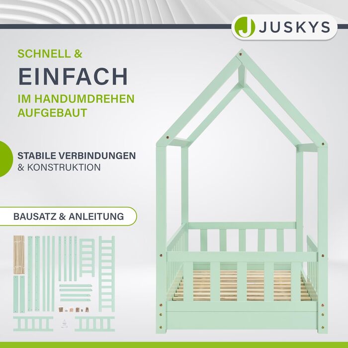 Дитяче ліжко Juskys Marli 80 x 160 см із захистом від випадіння, рейковим каркасом і дахом - дитяче ліжко для дому з масиву дерева