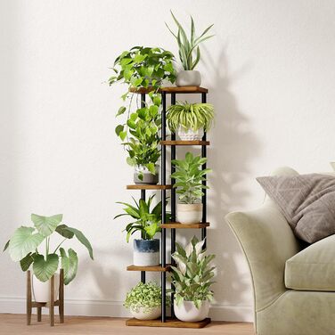 Велика підставка для рослин Bamworld для кімнатних рослин, 6-рівнева металева полиця для рослин, тримач для рослин, стійка для кількох рослин, горщики для патіо, саду, кута, балкону, вітальні, 6-рівнева рустикальна коричнева