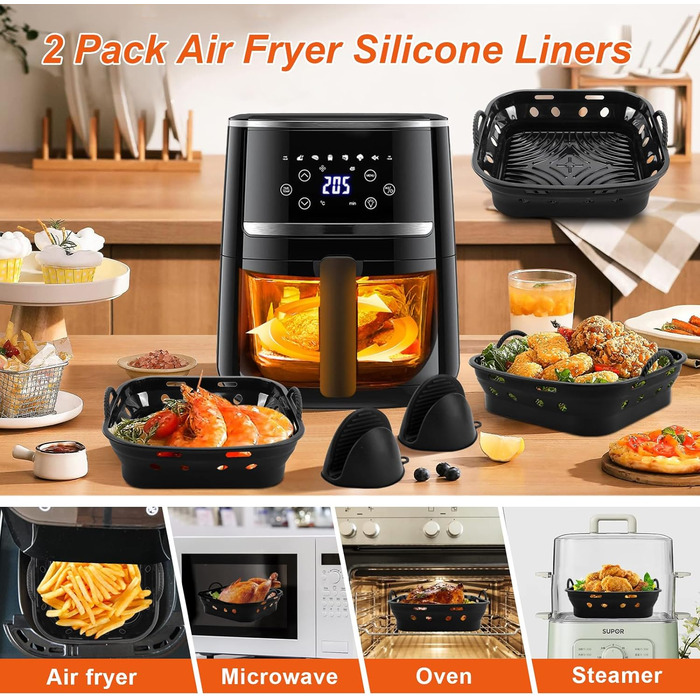 Силіконова форма Foenwoen для фритюрниці, силіконова фритюрниця 22 см силіконова каструля для фритюрниці з рукавицями для духовки, кухонними щипцями, силіконовою щіткою, легке очищення, аксесуари для фритюрниці (чорний)