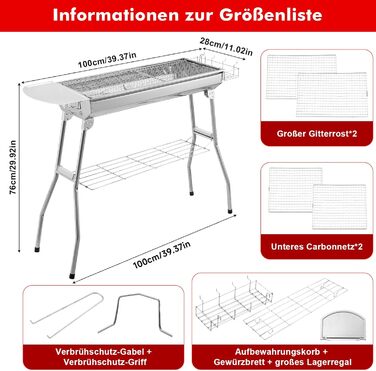 Вугільний гриль для кемпінгу, складаний переносний гриль з решіткою, для пікніків, саду, вечірок, сімейного барбекю. Розмір 73x28x76 см, розрахований на 4-8 осіб.